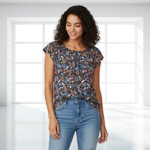 Lauren Conrad Floral Blouse XS Cap Sleeve Keyhole Tie Neck Top